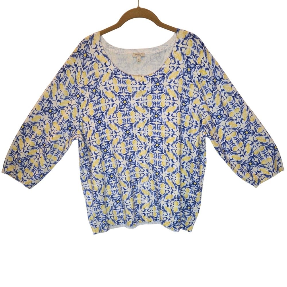 Talbots Plus 2X Cardigan Sweater Blue Yellow Lemons Tile Print 3/4 Sleeve Cotton
